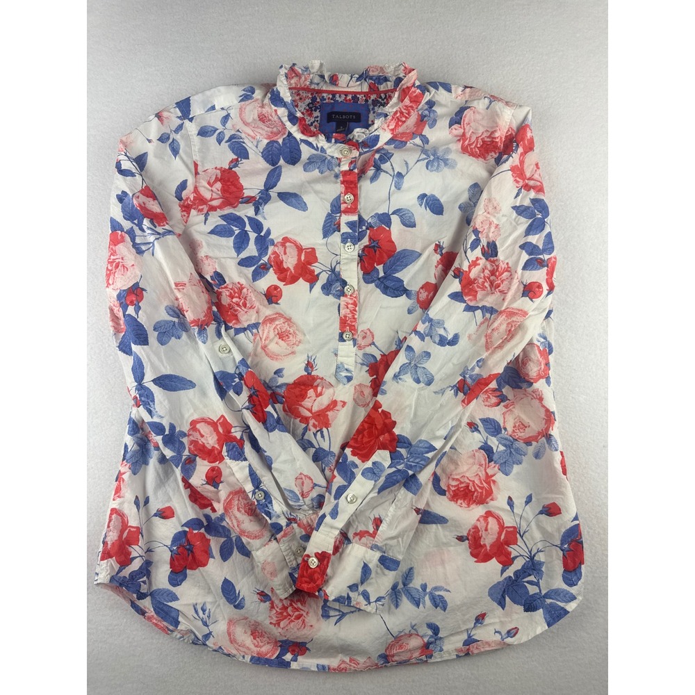 Talbots Womens Small Red Blue White Floral Ruffle Collar Cotton Blouse Top